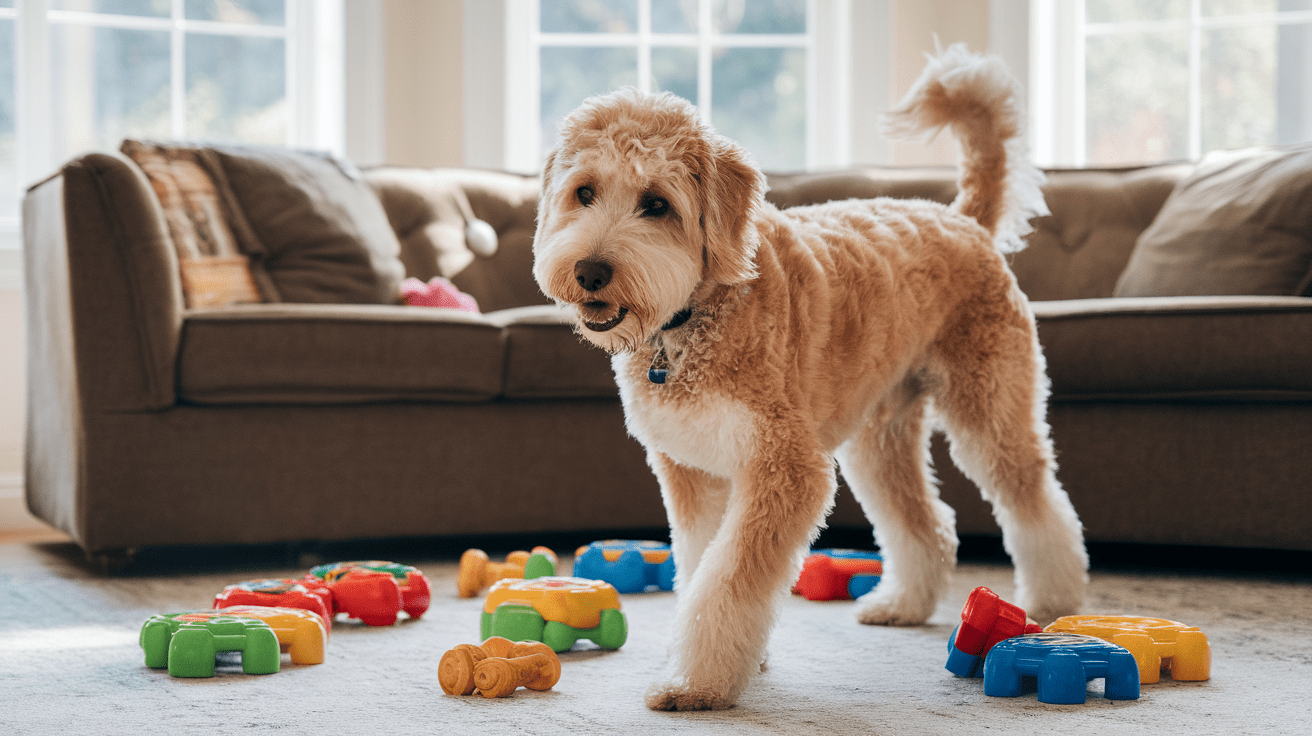 Labradoodle playing with puzzle toys in a bright living room