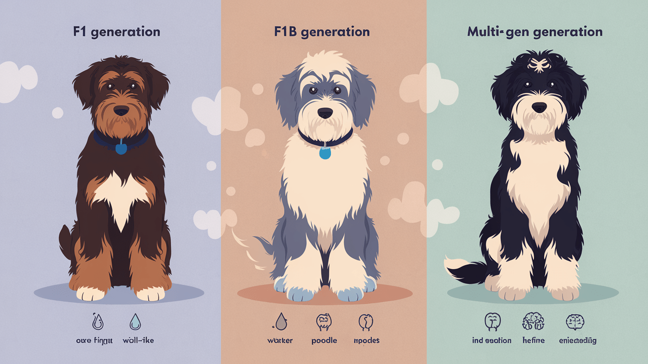 Infographic comparing personality traits across three generations of Labradoodles: F1, F1B, and Multi-generation