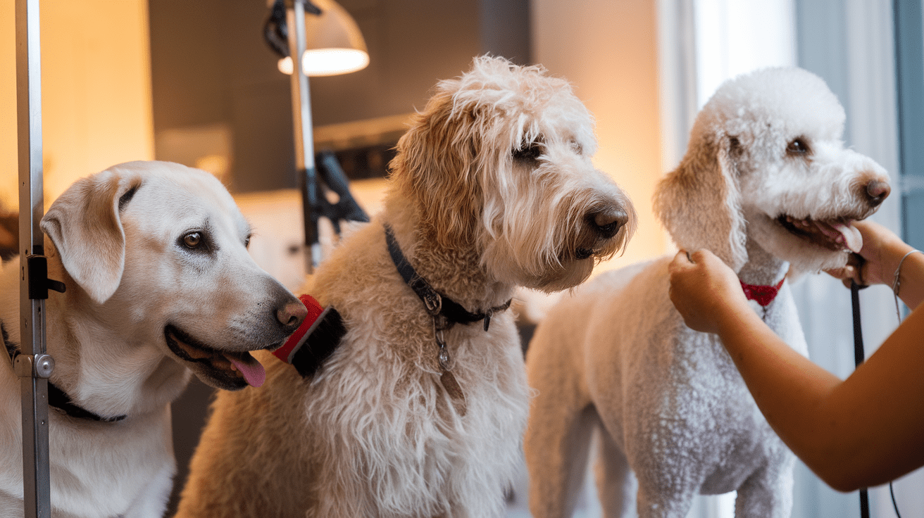 Side-by-side comparison of Labradoodle, Labrador, and Poodle grooming routines