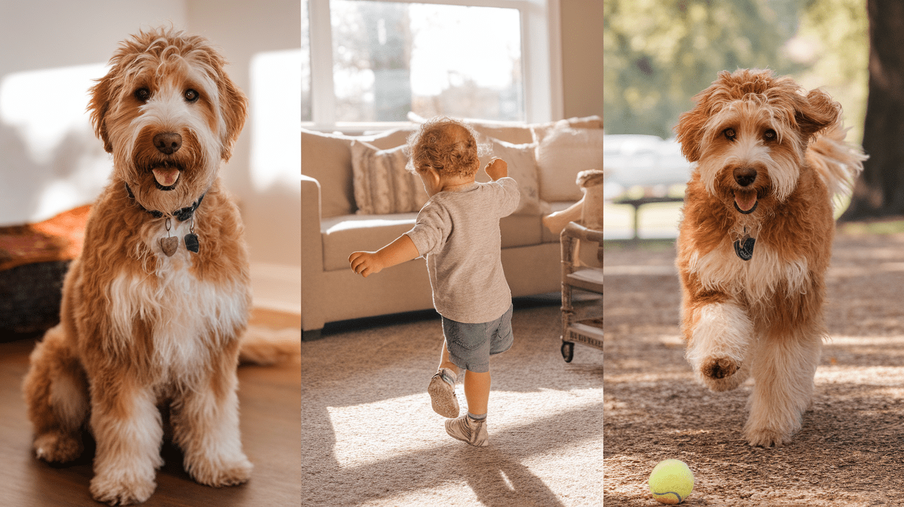 Labradoodle personality showcased through three scenes demonstrating intelligence, social behavior, and energy levels